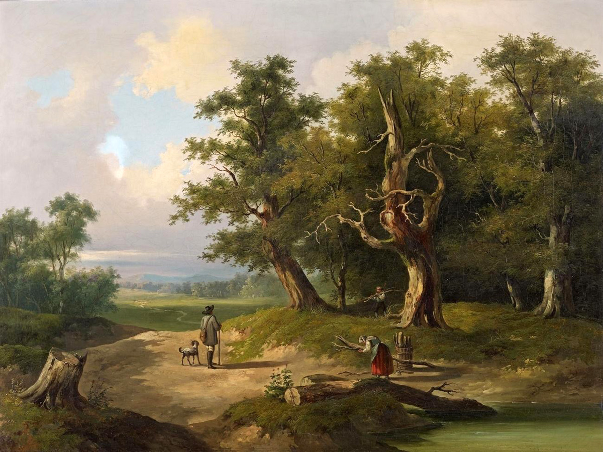 landscape with hikers and brushwood collectors